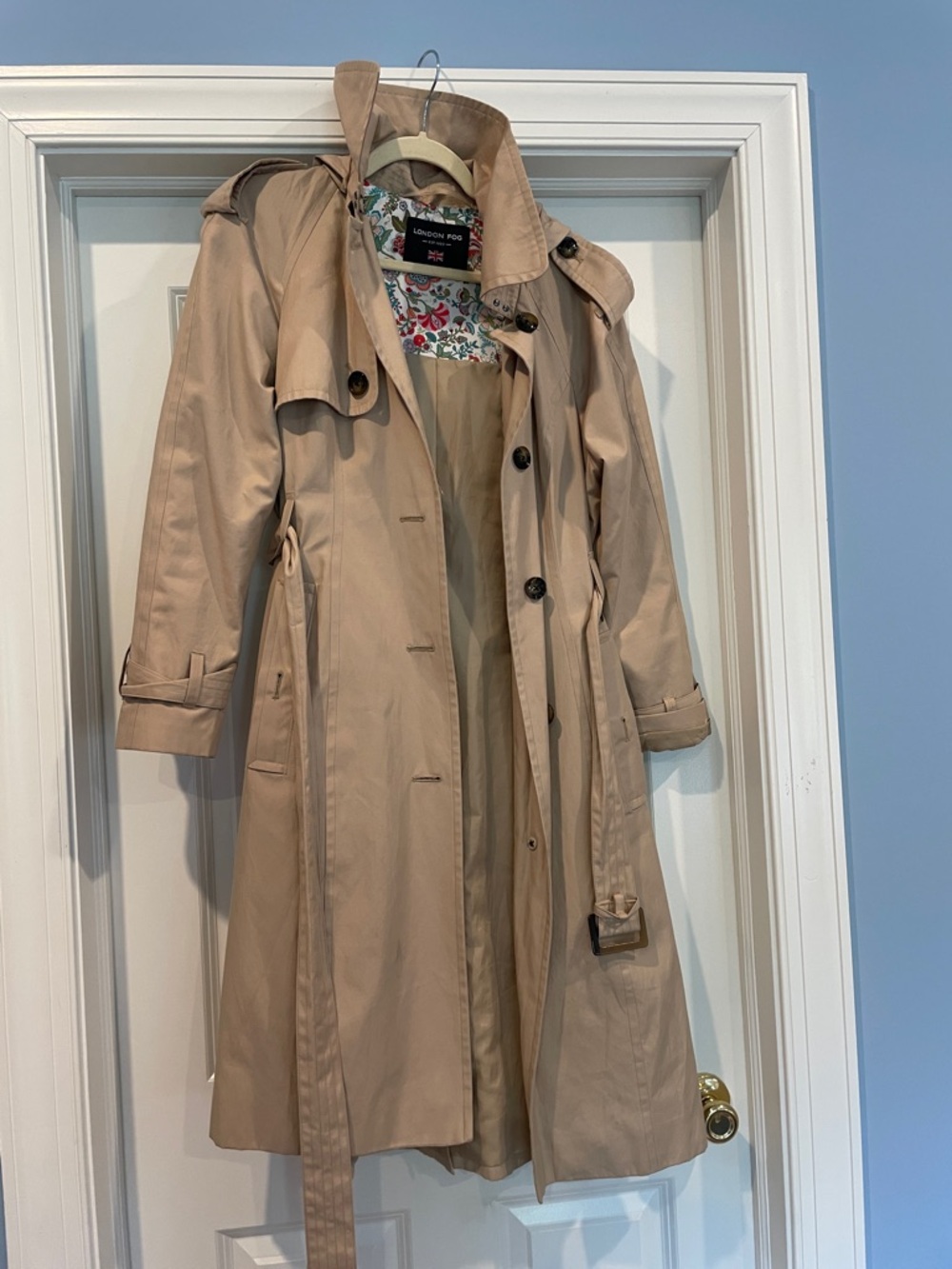 London Fog Beige Double-Breasted Trench Coat with Belt and Detachable Hood